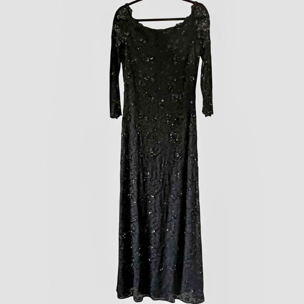 VTG Badgley Mischka Black Beaded Lace Gown Silk Lined Sequin Evening Dress 10